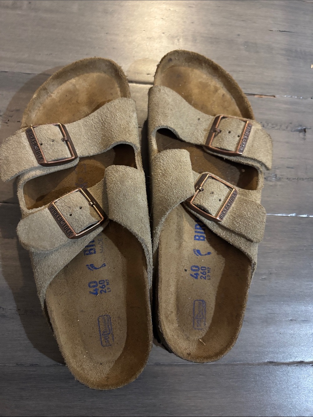 Birkenstock Suede Two-Strap Sandals in Light Brown women’s size 9, men’s size 7